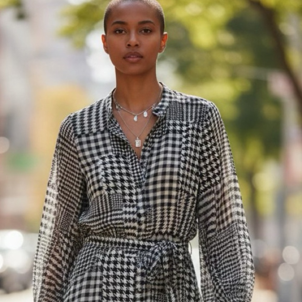 NWOT - Ann Taylor Dress - Black and White Plaid, Midi, Long-sleeve, XL - Picture 2 of 5